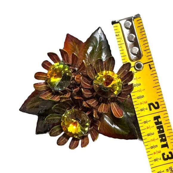 Vintage Sunflower Daisies Cluster Leaves Brooch AB Rhinestones & Enamel Leaves - Picture 5 of 5